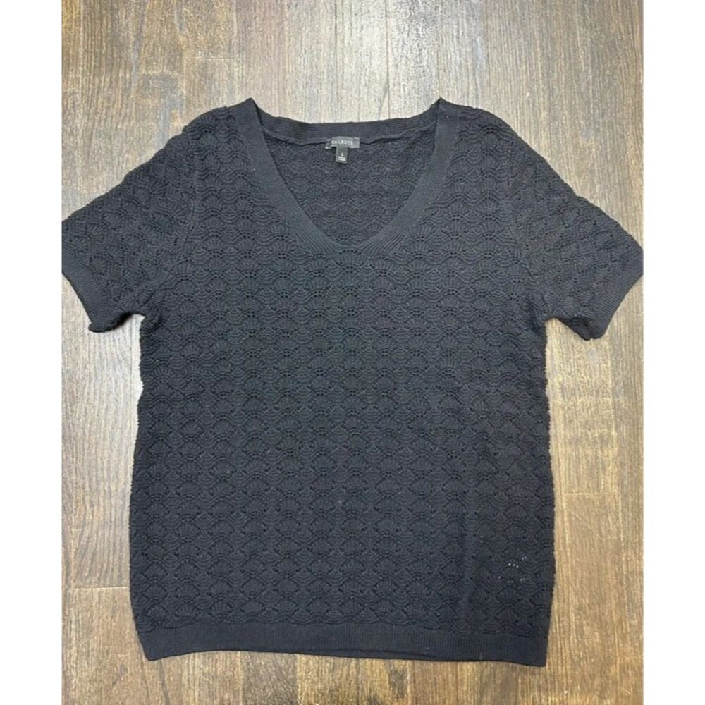 Talbots Women's Small Black V-Neck Textured Knit Short Sleeve Pullover Sweater